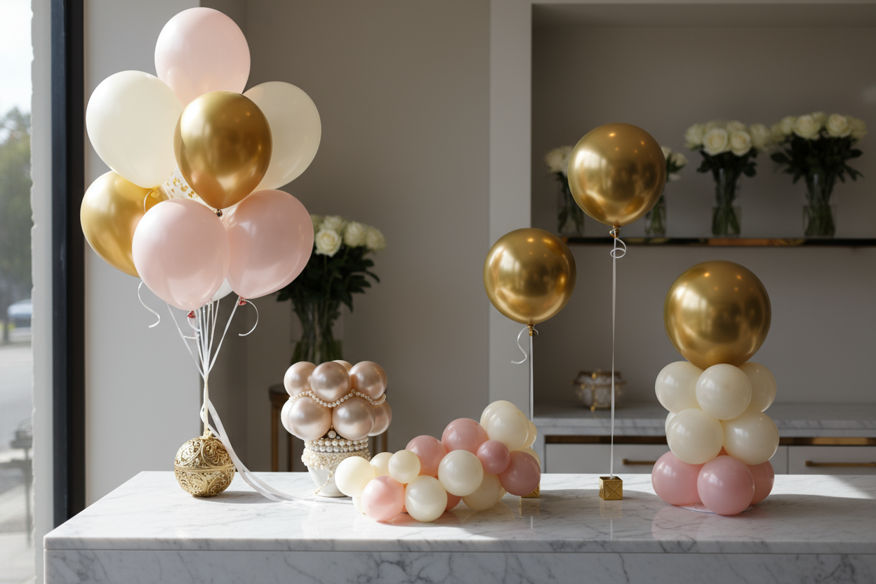 realistic different compositions of balloons that stand at the counter