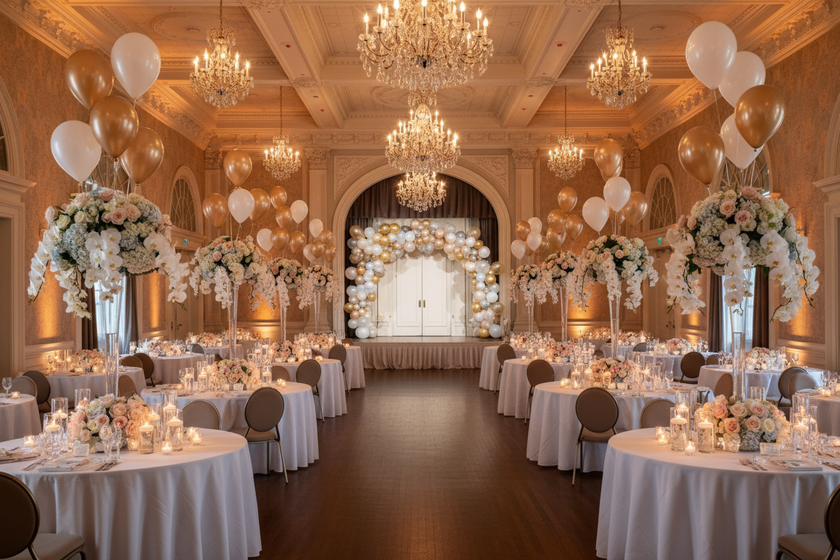 The event hall is beautifully decorated with flowers and balloons